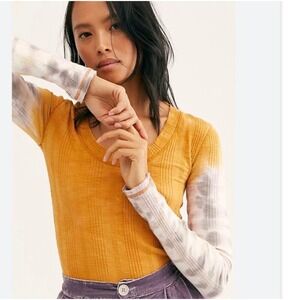 Free People We The Free Big Sur Thermal Top Long Sleeve Tie‎ Dye Gold Ribbed S